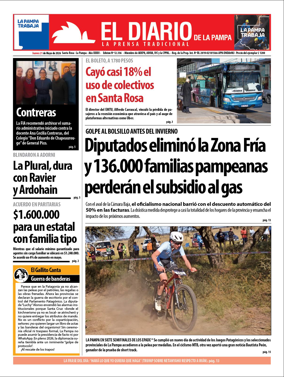 Tapa de El Diario en papel  jueves 21 de mayo de 2026